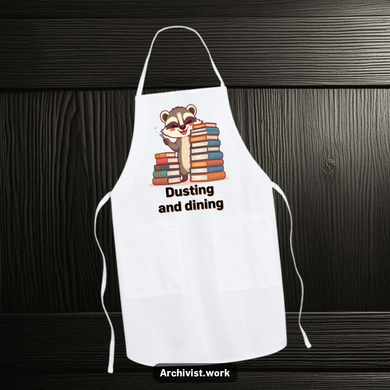 Funny apron showing a happy anthropomorphic badger archivist carefully dusting a towering stack of old books, ready for kitchen tasks.