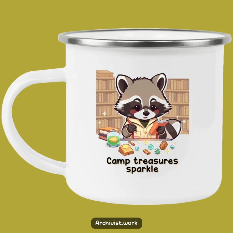 Funny Raccoon Archivist Camping Mug: Sparkly Finds, Rugged & Hilarious Outdoor Gift