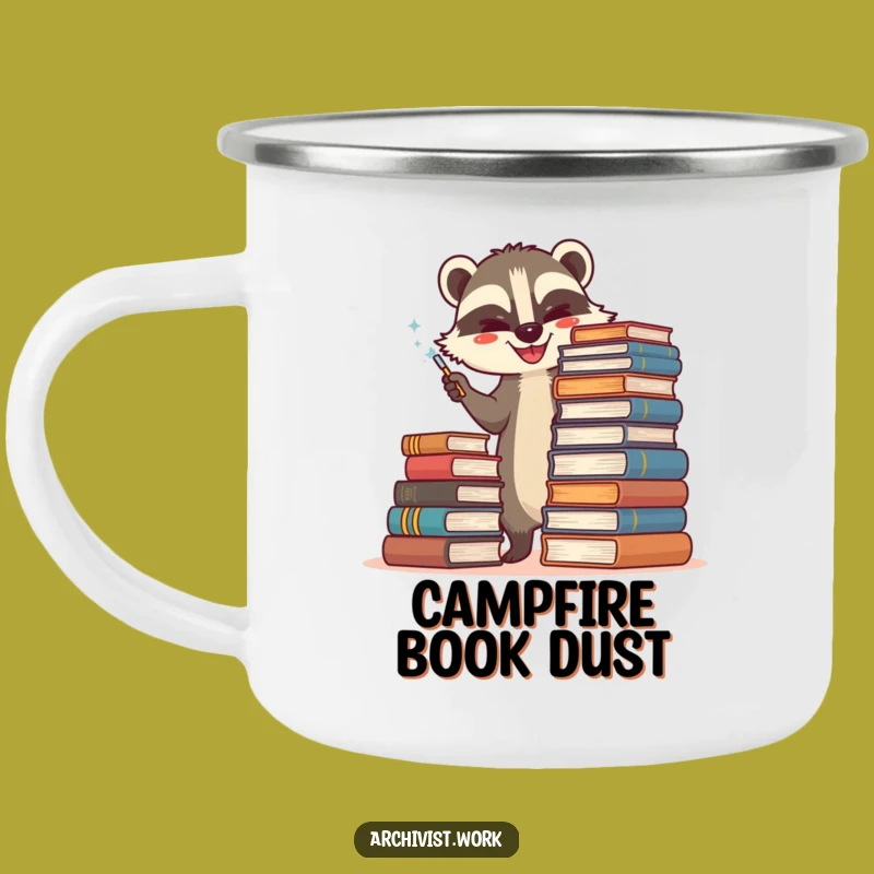 Funny Badger Archivist Camping Mug: Happy Book Duster, Rugged Literary Outdoor Gift