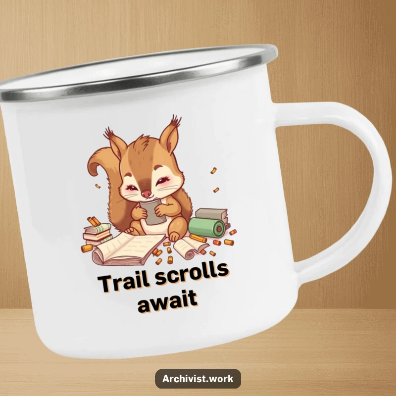 Funny camping mug with a cute anthropomorphic squirrel archivist meticulously sorting tiny colorful scrolls, built for outdoor adventures.