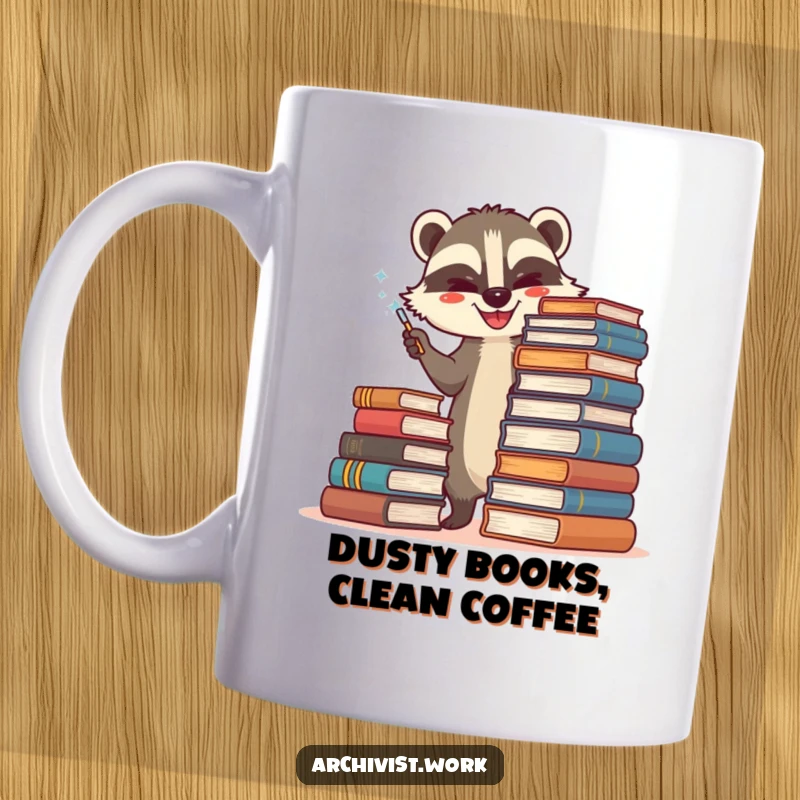 Funny mug featuring a happy anthropomorphic badger archivist carefully dusting a towering stack of old books, showing dedication.