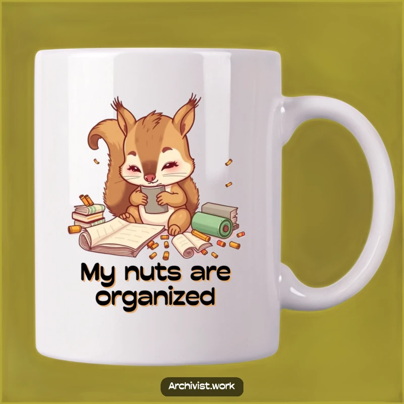 Funny Squirrel Archivist Mug: Cute Sorting Scrolls Design, Perfect Gift for Book Lovers