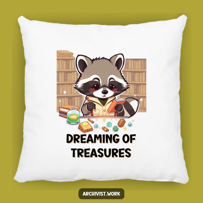 Funny Raccoon Archivist Pillow: Sparkly Artifact Cushion, Cozy & Hilarious Accent