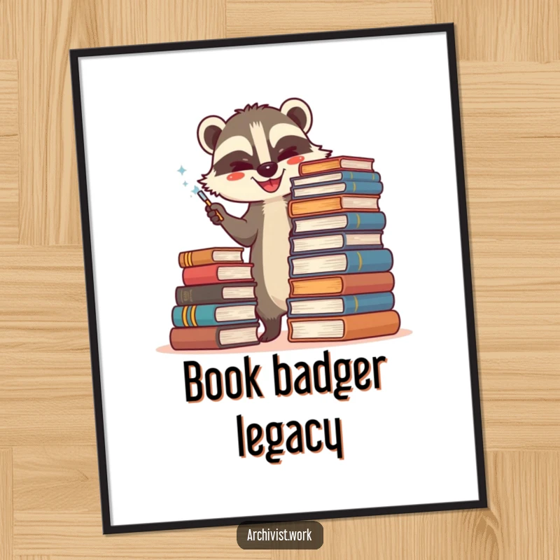 Funny digital art print of a happy anthropomorphic badger archivist carefully dusting a towering stack of old books, ideal for digital decor.