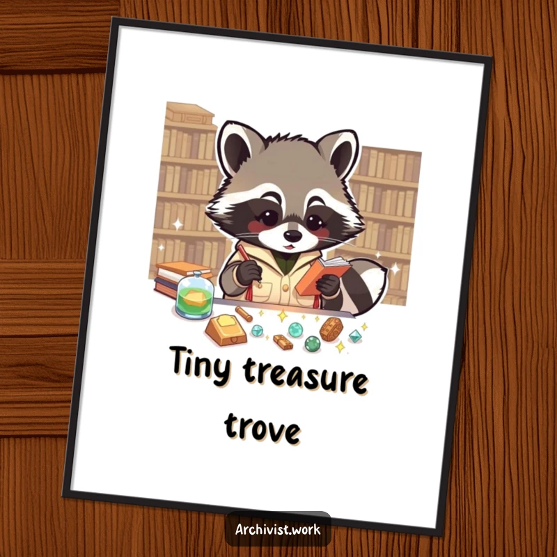 Funny digital art print of an enthusiastic anthropomorphic raccoon archivist cataloging tiny, sparkling artifacts, ideal for whimsical decor.