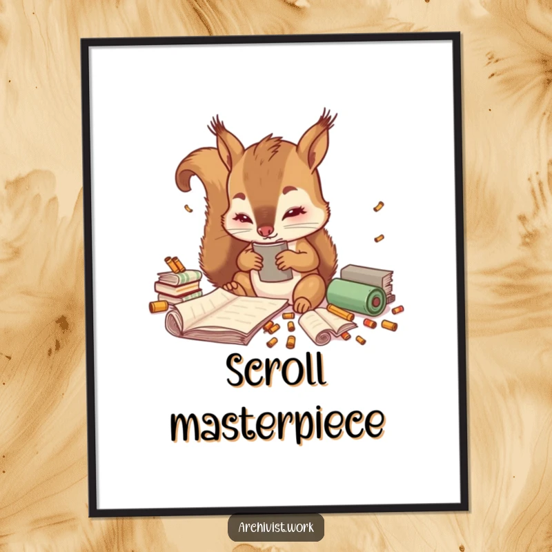 Funny digital art print of a cute anthropomorphic squirrel archivist meticulously sorting tiny colorful scrolls, perfect for instant whimsical decor.