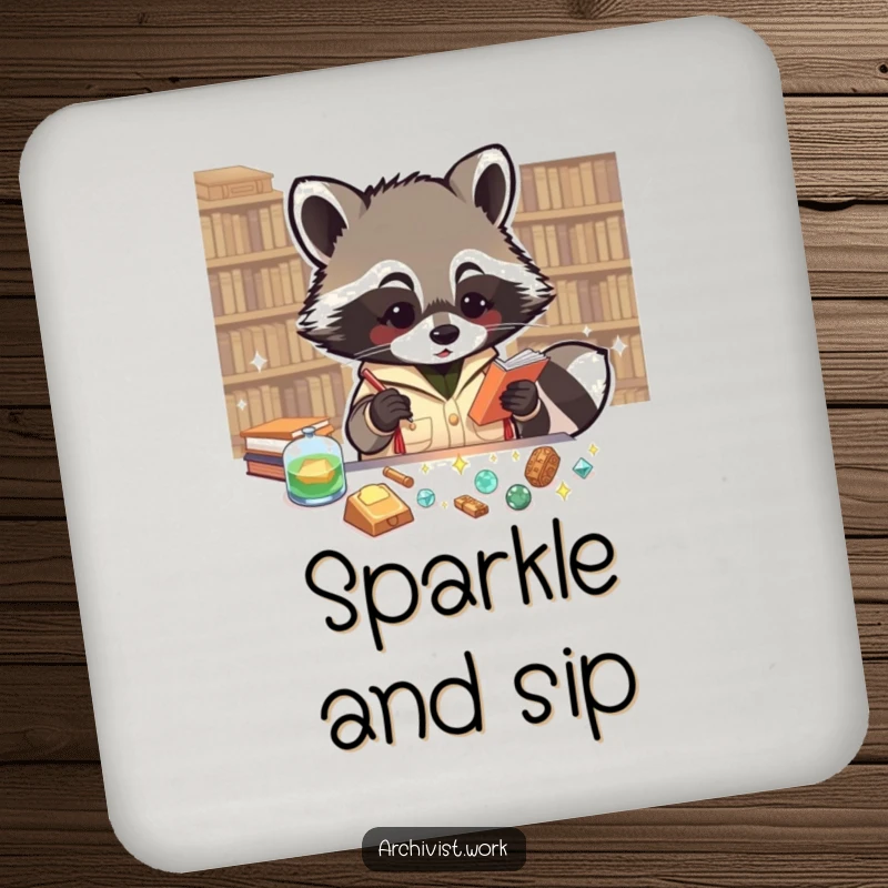 Funny coasters featuring an enthusiastic anthropomorphic raccoon archivist cataloging tiny, sparkling artifacts, protecting tables with charm.
