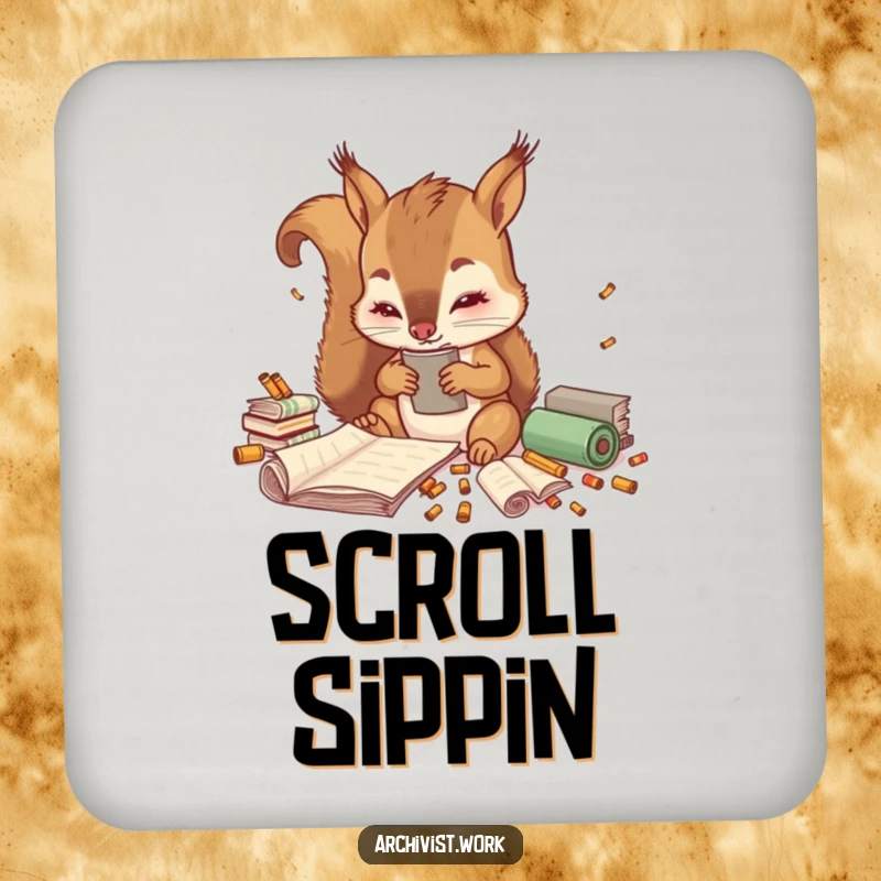 Funny coasters featuring a cute anthropomorphic squirrel archivist meticulously sorting tiny colorful scrolls, protecting tables with charm.