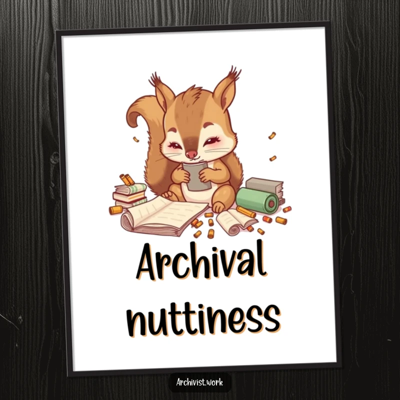Funny poster showcasing a cute anthropomorphic squirrel archivist busy sorting tiny colorful scrolls with intense focus and adorable detail.