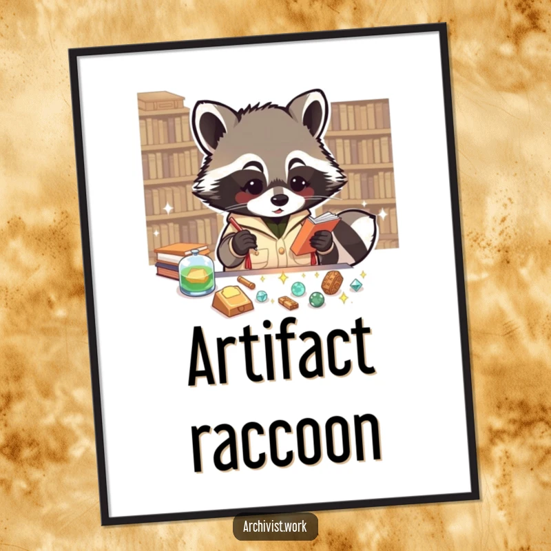 Funny poster depicting an enthusiastic anthropomorphic raccoon archivist cataloging tiny, sparkling artifacts with a look of pure delight.
