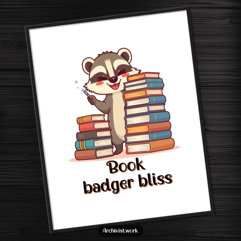 Funny poster depicting a happy anthropomorphic badger archivist carefully dusting a towering stack of old books, bringing vintage charm.