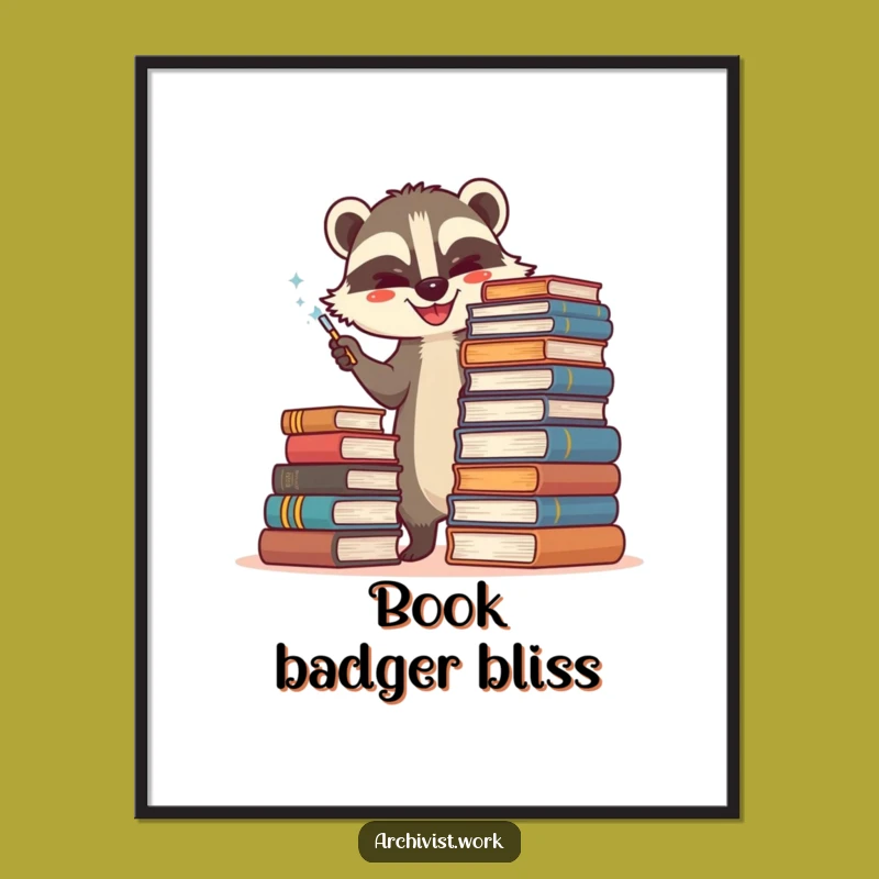 Funny Badger Archivist Poster: Happy Book Duster Art, Whimsical Wall Decor Gift
