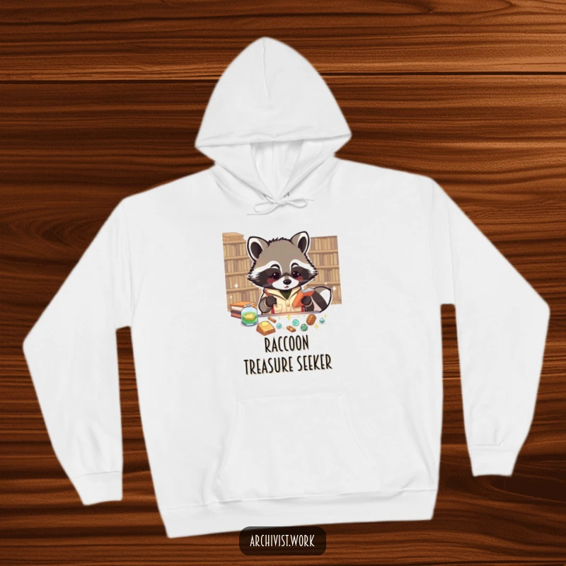 Funny hoodie showing an enthusiastic anthropomorphic raccoon archivist cataloging small, sparkling artifacts with joy and bright eyes.