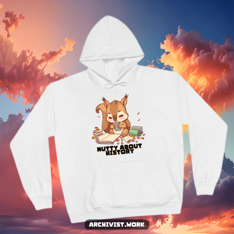 Funny hoodie displaying a cute anthropomorphic squirrel archivist, diligently sorting small, vibrant scrolls with a precise and endearing manner.
