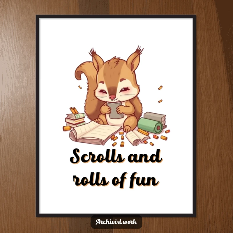 Funny Free Printable Wall Art: Adorable squirrel archivist meticulously sorts tiny colorful scrolls, a humorous scene for your decor.