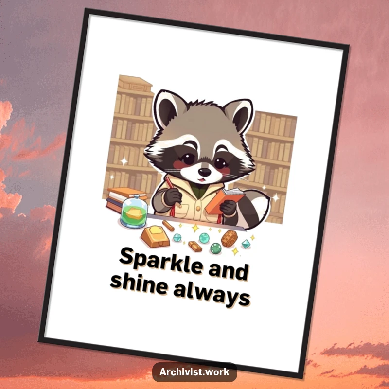Funny Free Printable Wall Art: Enthusiastic raccoon archivist meticulously cataloging tiny, sparkling artifacts, a humorous treasure hunt scene.