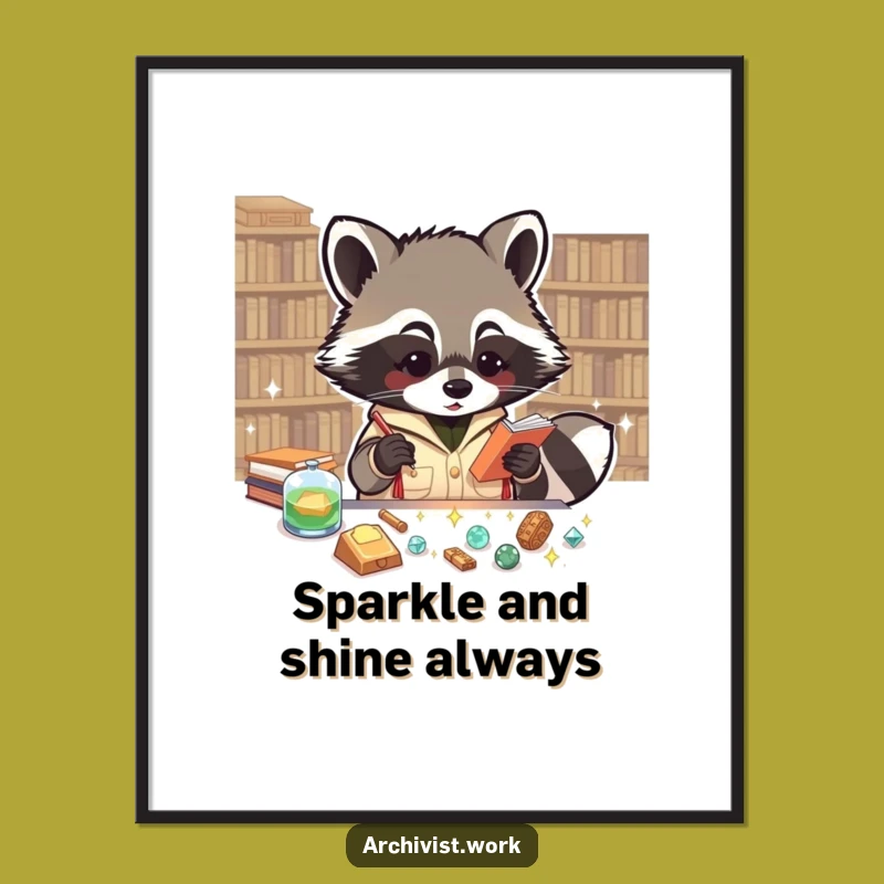 Free Printable Wall Art: Raccoon Archivist Cataloging Sparkles Funny Downloadable Decor