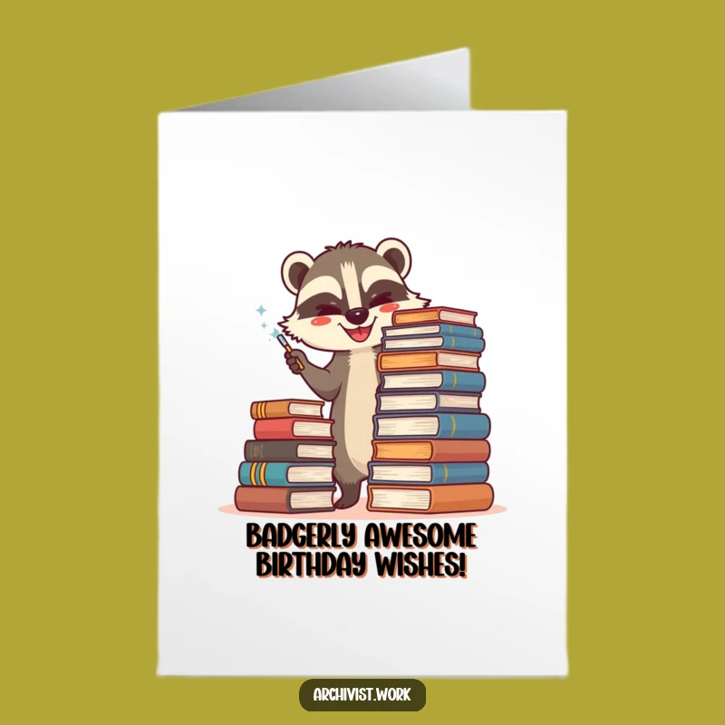 Free Printable Birthday Card: Happy Badger Archivist Dusting Books Funny Downloadable Gift