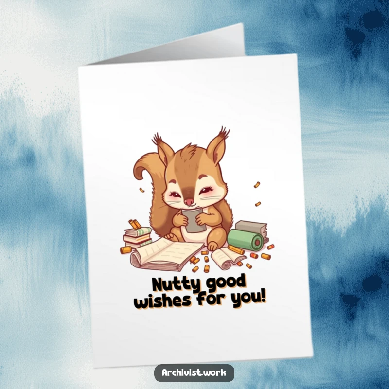 Funny Free Printable Birthday Card showing a cute squirrel archivist with spectacles sorting tiny colorful scrolls with great care.