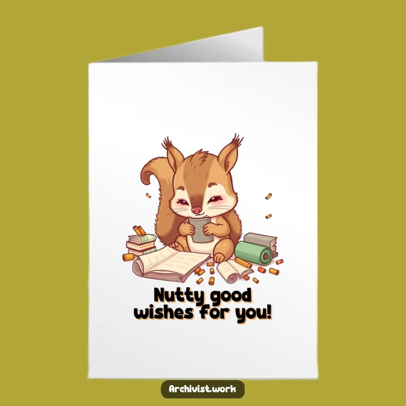 Free Printable Birthday Card: Cute Squirrel Archivist Sorting Scrolls Funny Downloadable Gift