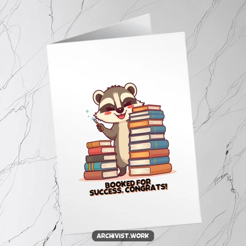 Free Printable Congratulations Card: A cheerful badger archivist dusts a towering stack of books, celebrating a big win.