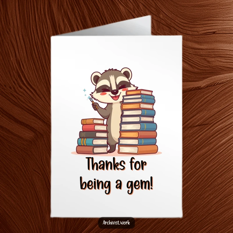 Funny Free Printable Thank You Card: Happy badger archivist dusting old books, conveying sincere appreciation with a smile.