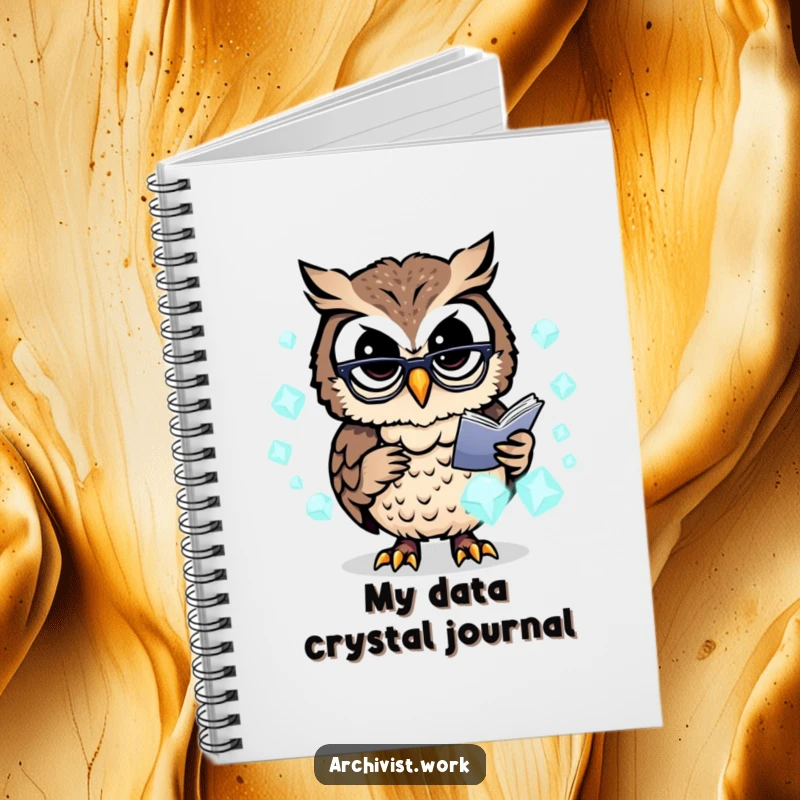 Funny notebook with a busy anthropomorphic owl archivist wearing spectacles, organizing glowing data crystals, inspiring smart note-taking.