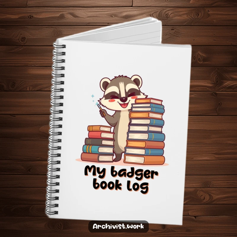 Funny notebook featuring a happy anthropomorphic badger archivist carefully dusting a towering stack of old books, perfect for note-taking.