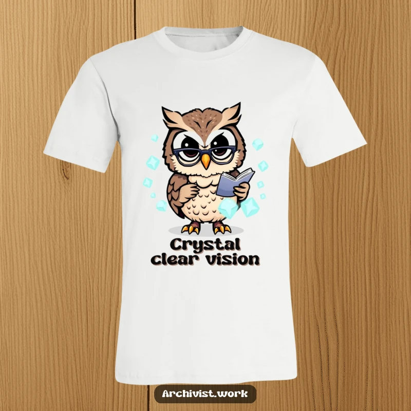 Funny t-shirt showing a busy anthropomorphic owl archivist with spectacles, expertly organizing glowing data crystals.