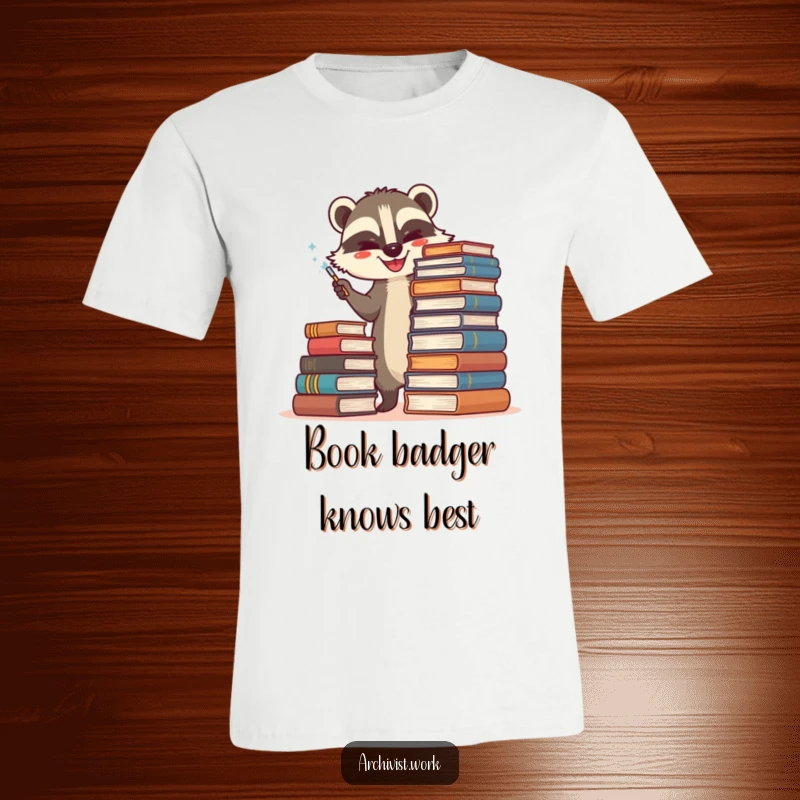 Funny t-shirt depicting a happy anthropomorphic badger archivist meticulously dusting a tall stack of antique books with care.
