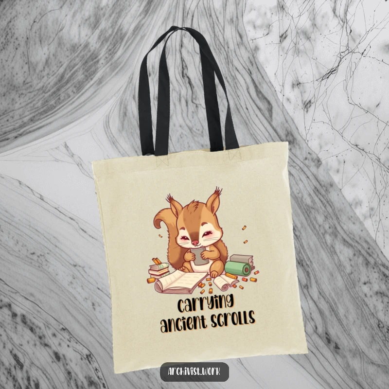 Funny tote bag featuring a cute anthropomorphic squirrel archivist meticulously sorting tiny colorful scrolls, ideal for shopping or everyday use.