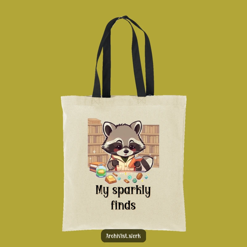 Funny Raccoon Archivist Tote Bag: Sparkly Finds Organizer, Chic & Hilarious Carry-All