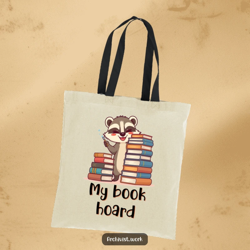 Funny tote bag with a happy anthropomorphic badger archivist carefully dusting a towering stack of old books, great for book haul days.